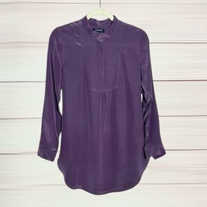 Land’s End Washable Silk Blouse Tunic Top Purple Long Sleeve Mandarin Collar US4